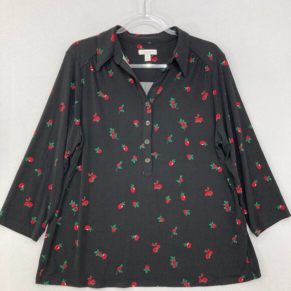 Charter Club Tops - Charter Club size XL Black Red Floral Stretch Knit 3/4 Sleeve Popover Blouse